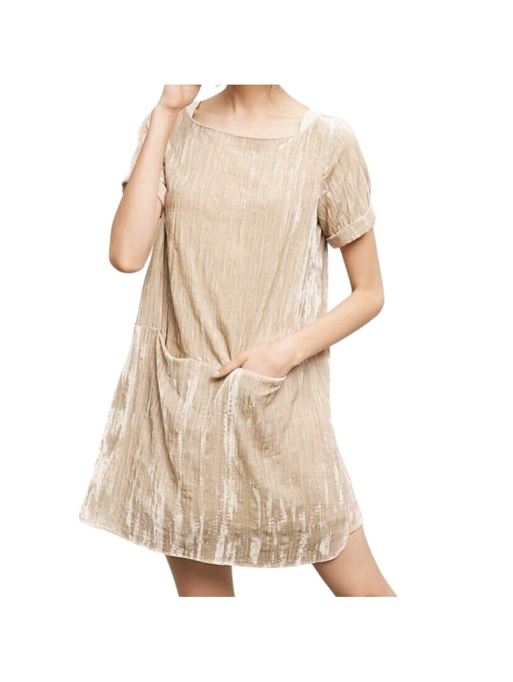 Anthropologie Floreat Crinkled Velvet Shift Mini Dress in Beige/Champagne